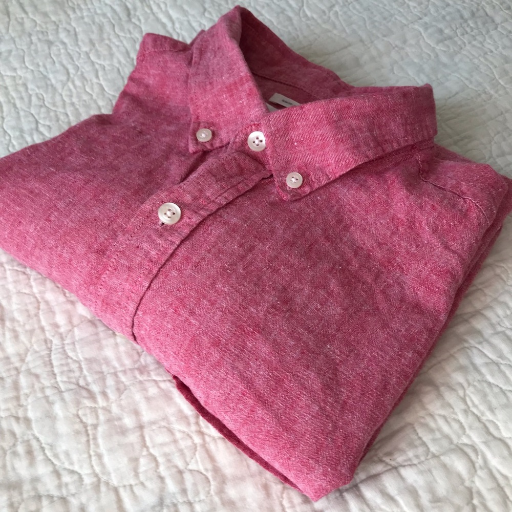 Old Navy | Men Button Down Shirt Linen Chambray Coral/ Red Slim Fit Size M